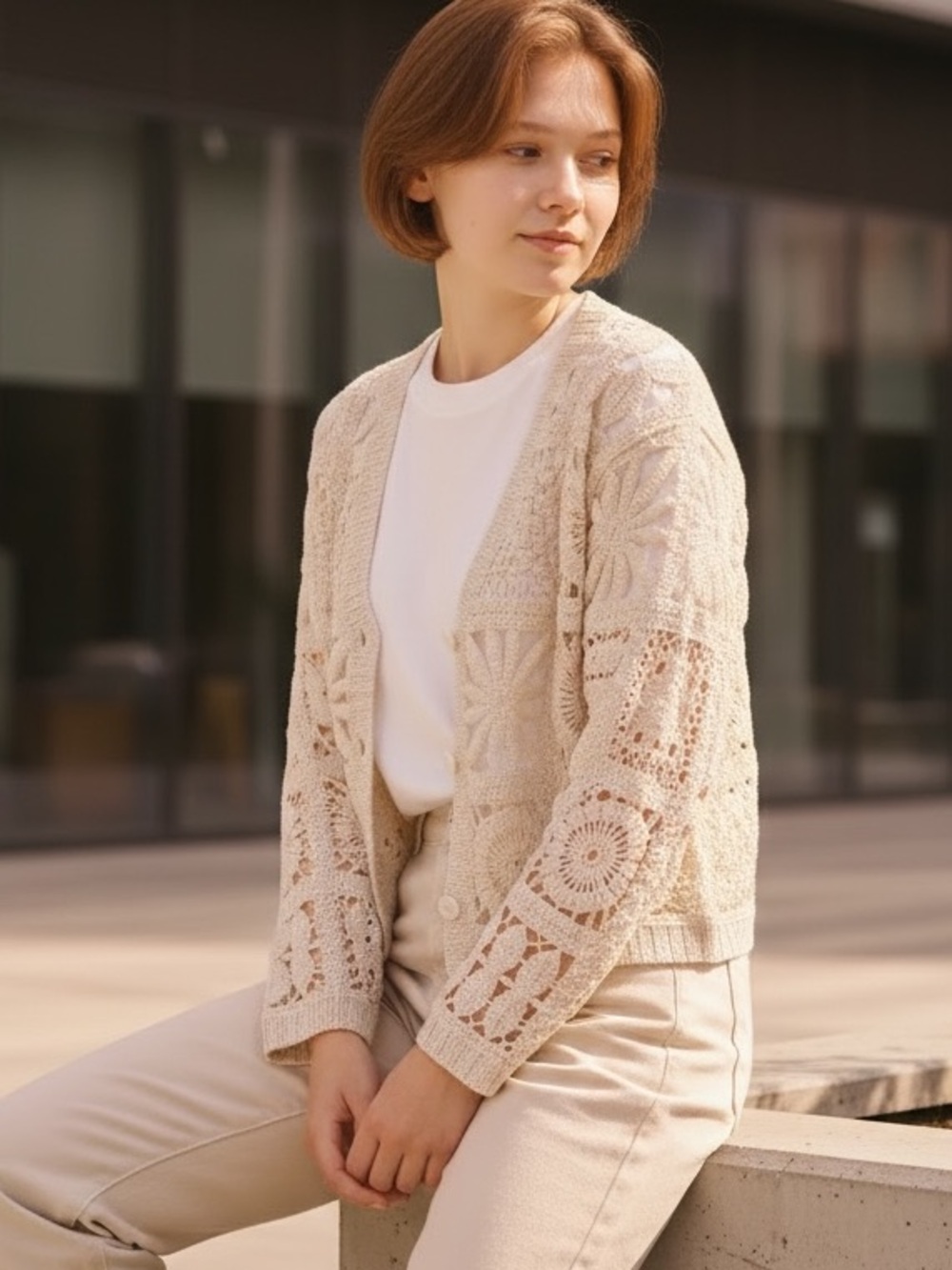 Commense Crochet Openwork Floral Square Cardigan - Cream